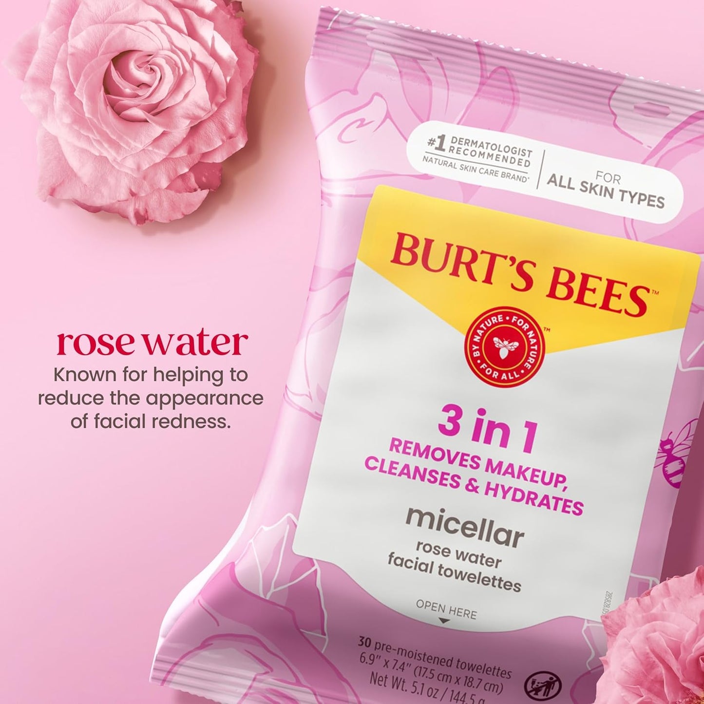 Stocking Stuffers, Rose Water Face Wipes, for All Skin Types, Hydrating Micellar Makeup Remover & Facial Cleansing Towelettes, Skin Care Christmas Gifts, 30 Ct (3-Pack)