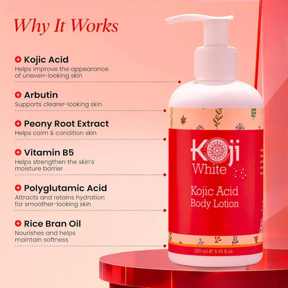 Kojic Acid Skin Brightening Body Lotion - Body Moisturizer & Skin Firming for Women, Boost Hydrating, Sun Damage Skin, Uneven Skin Tone, Paraben-Free, Vegan, 8.45 Fl Oz Bottle
